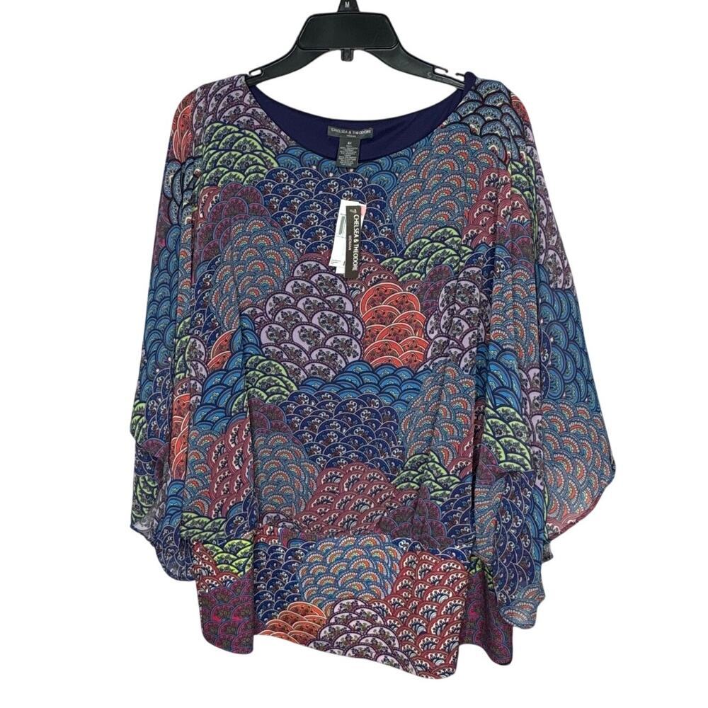 Chelsea & Theodore Chiffon Flowy Mandala Overlay Batwing Blouse Size 2X Plus New